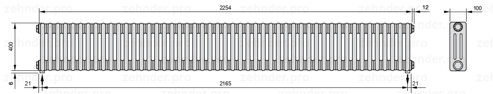 Схема (чертеж) Радиатор Zehnder Charleston 3040/49 №5310 Белый глянцевый RAL 9016